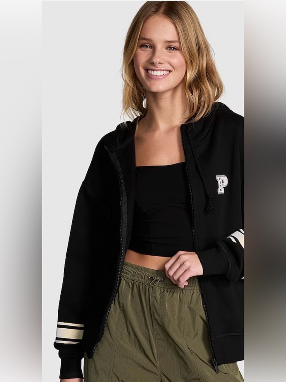 PINK Victoria's Secret Black Zip-Up Hoodie with Cream Stripes